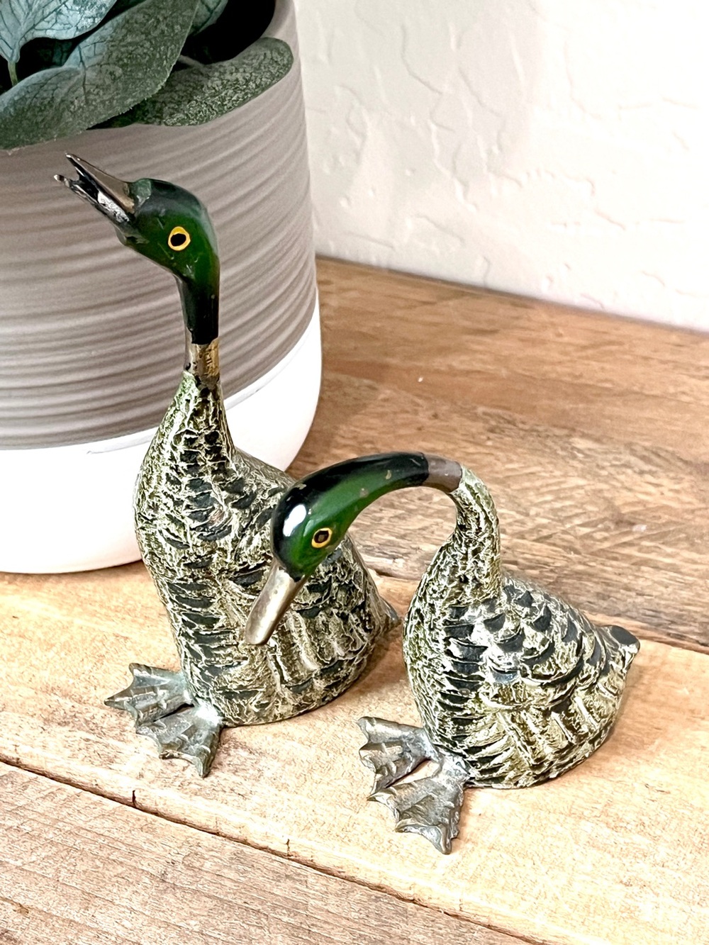 Vintage Enamel Painted Solid Brass Long Neck Duck Figurines Pair